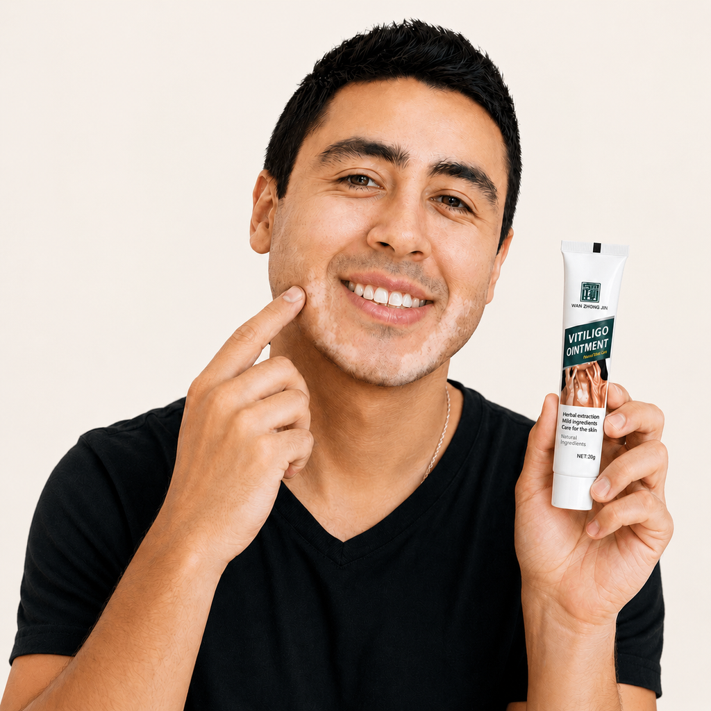 LuminaDerm customer holding vitiligo ointment